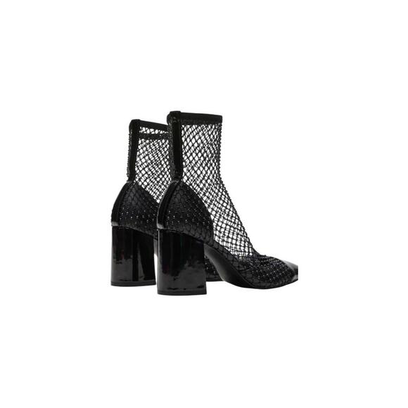 Steve Madden Women’s 9.5 Sparkly Rhinestone Mesh Black Patent Block Heel Boots - Picture 2 of 7